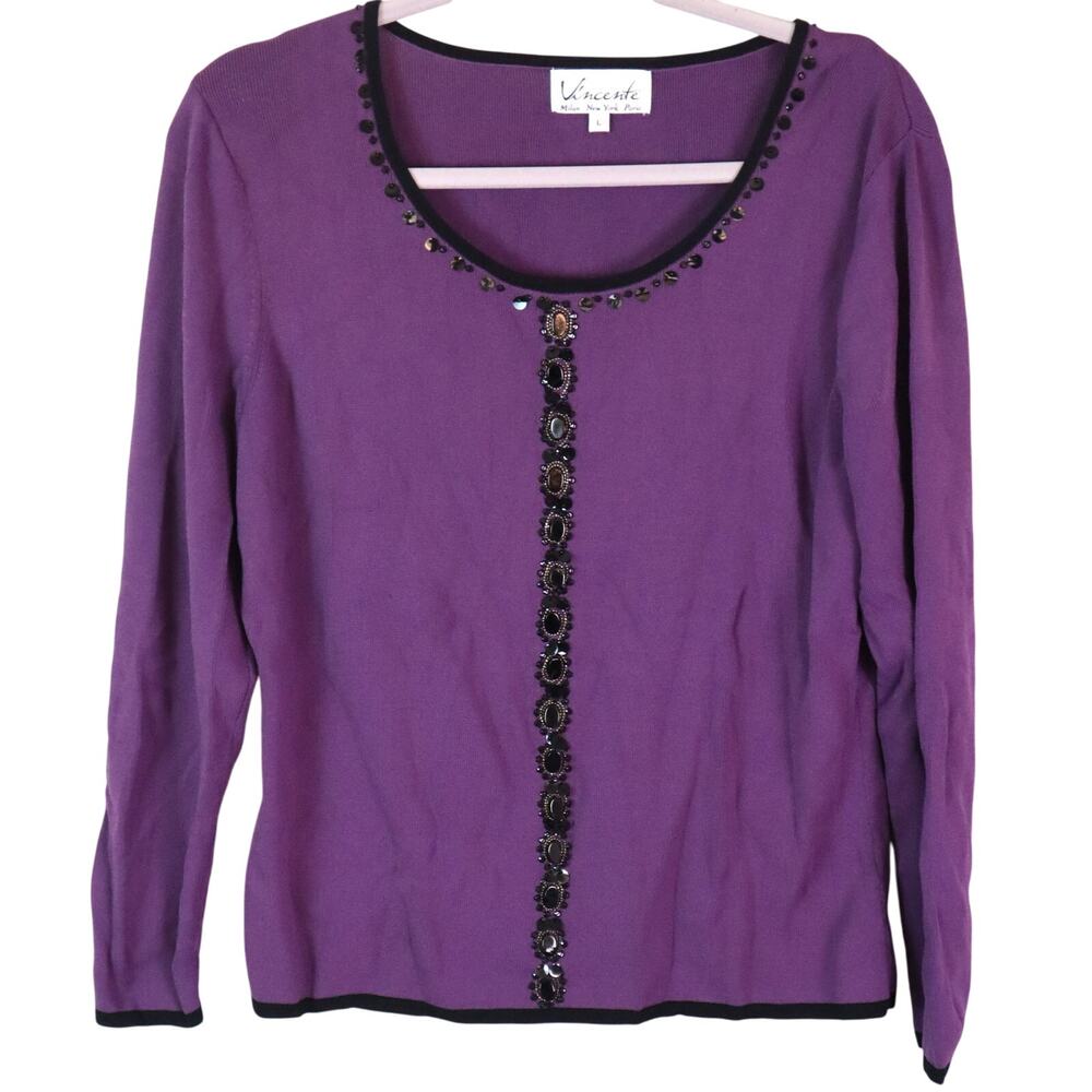 Vintage 90s Y2K Vincente Purple Sweater Beaded Sequin Rhinestone Women Large